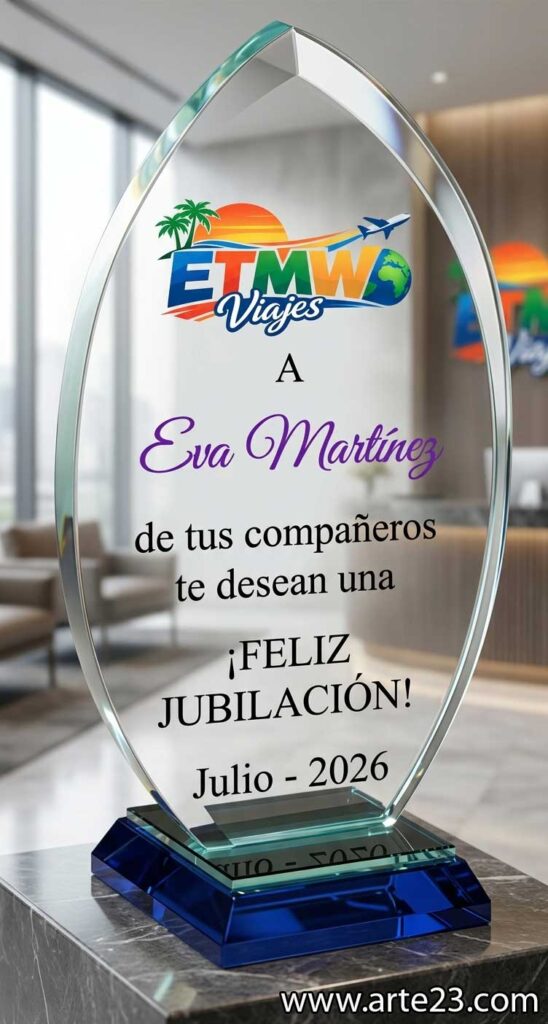 Cristal conmemorativo óvalo con bisel y base azul personalizado con logo y texto de jubilación