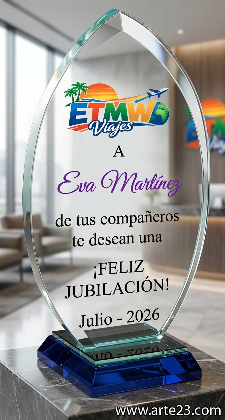 Cristal conmemorativo óvalo con bisel y base azul personalizado con logo y texto de jubilación