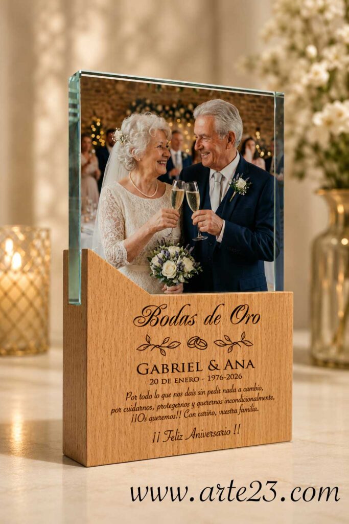 Cristal grabado con foto de bodas de oro sobre base de madera personalizada